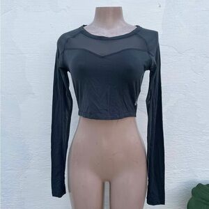 Black Long-Sleeve Cropped Mesh Yoke Top